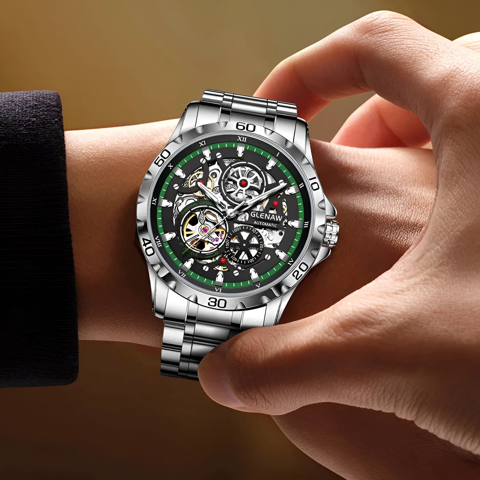 Men's automatic skeleton watch with luminous hands, silver case, and coloured steel bracelet