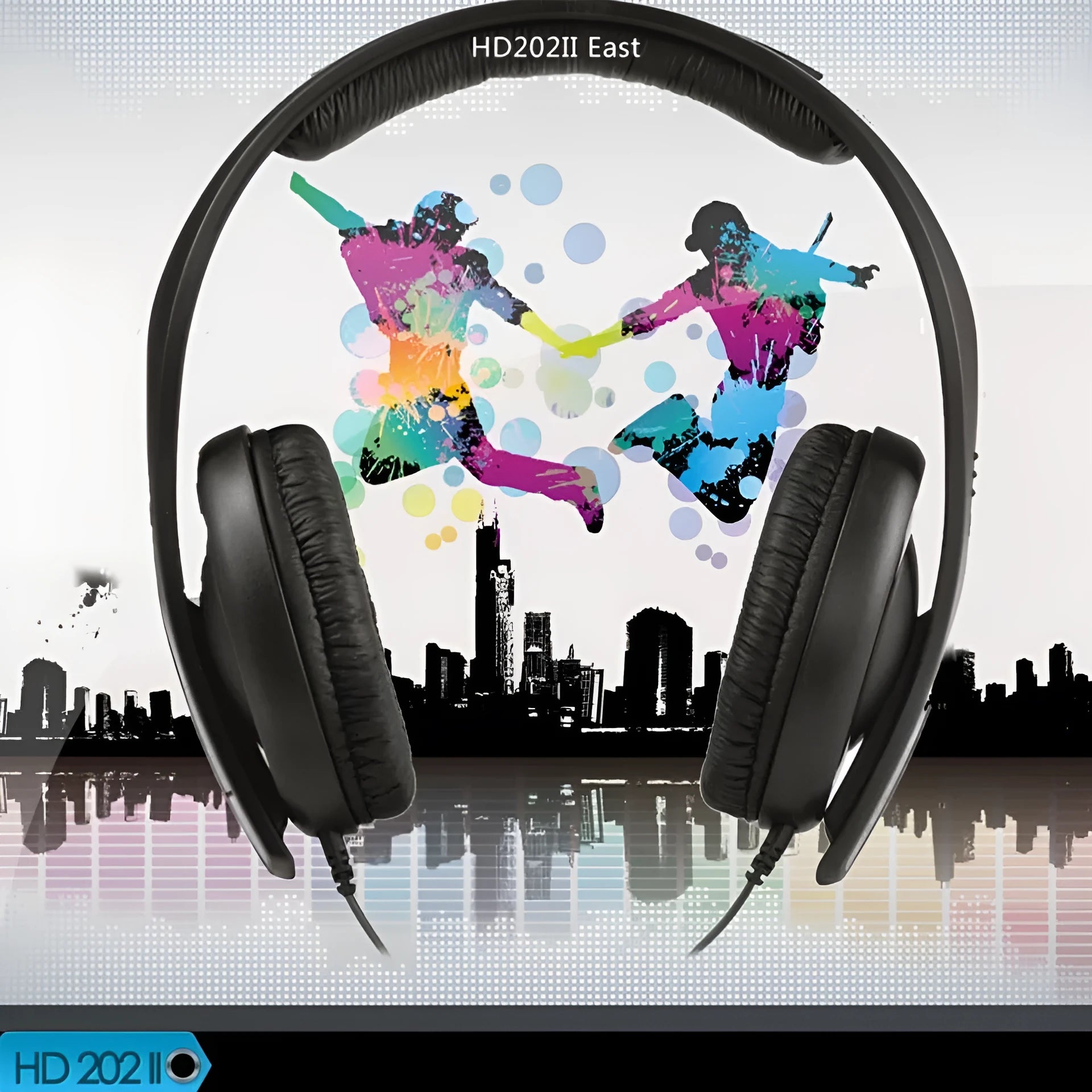Black stereo headphones with head-mounted design, 40mm speakers, and integrated cable with microphone
