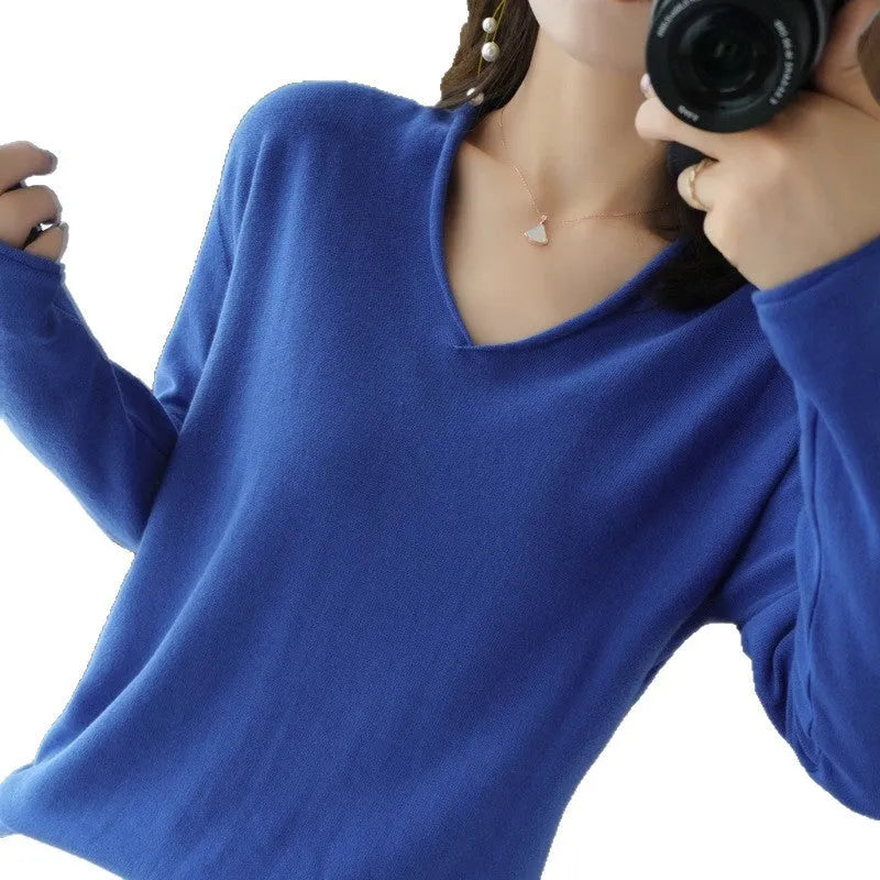 Women's V-neck long sleeve knitwear pullover top in turmeric colour with non-ironing process