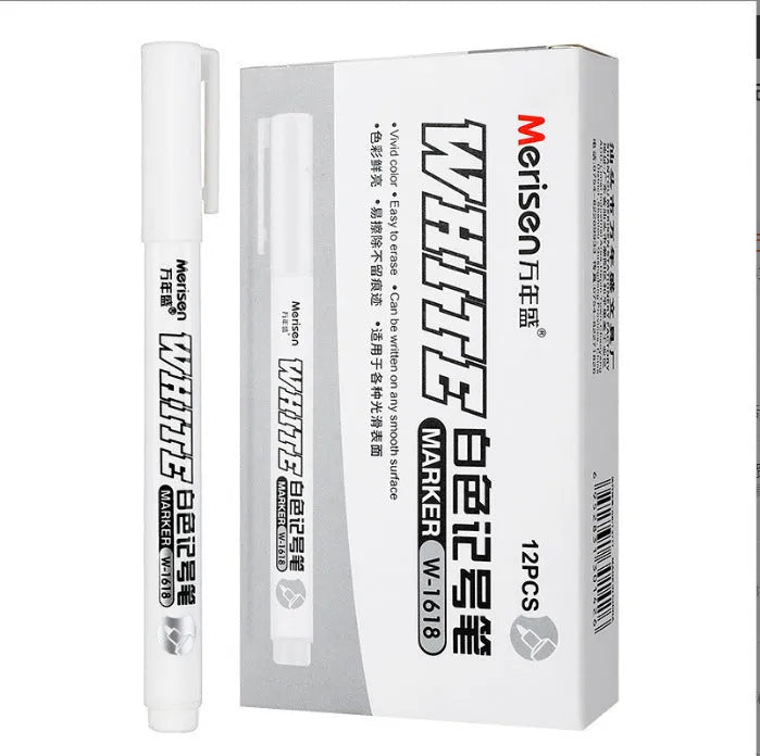 Super White Dazzling fine head painting pen with 2.8mm thick white tip, 14cm length, on dark surface