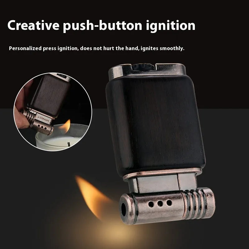 Ebony gas lighter in black wood and rosewood decorative designs