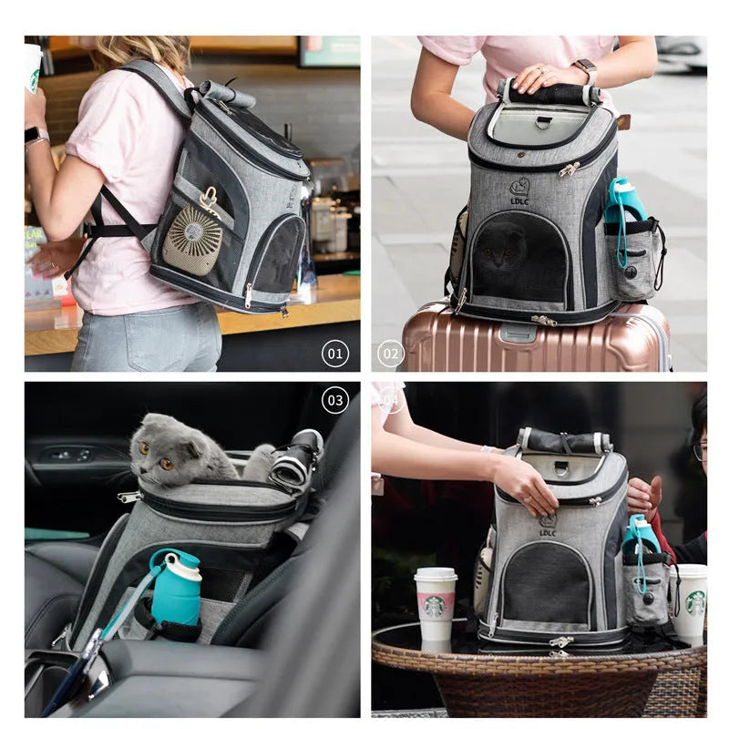 Breathable nylon pet backpack for pets up to 20 kg in grey colour with medium-to-hard structure