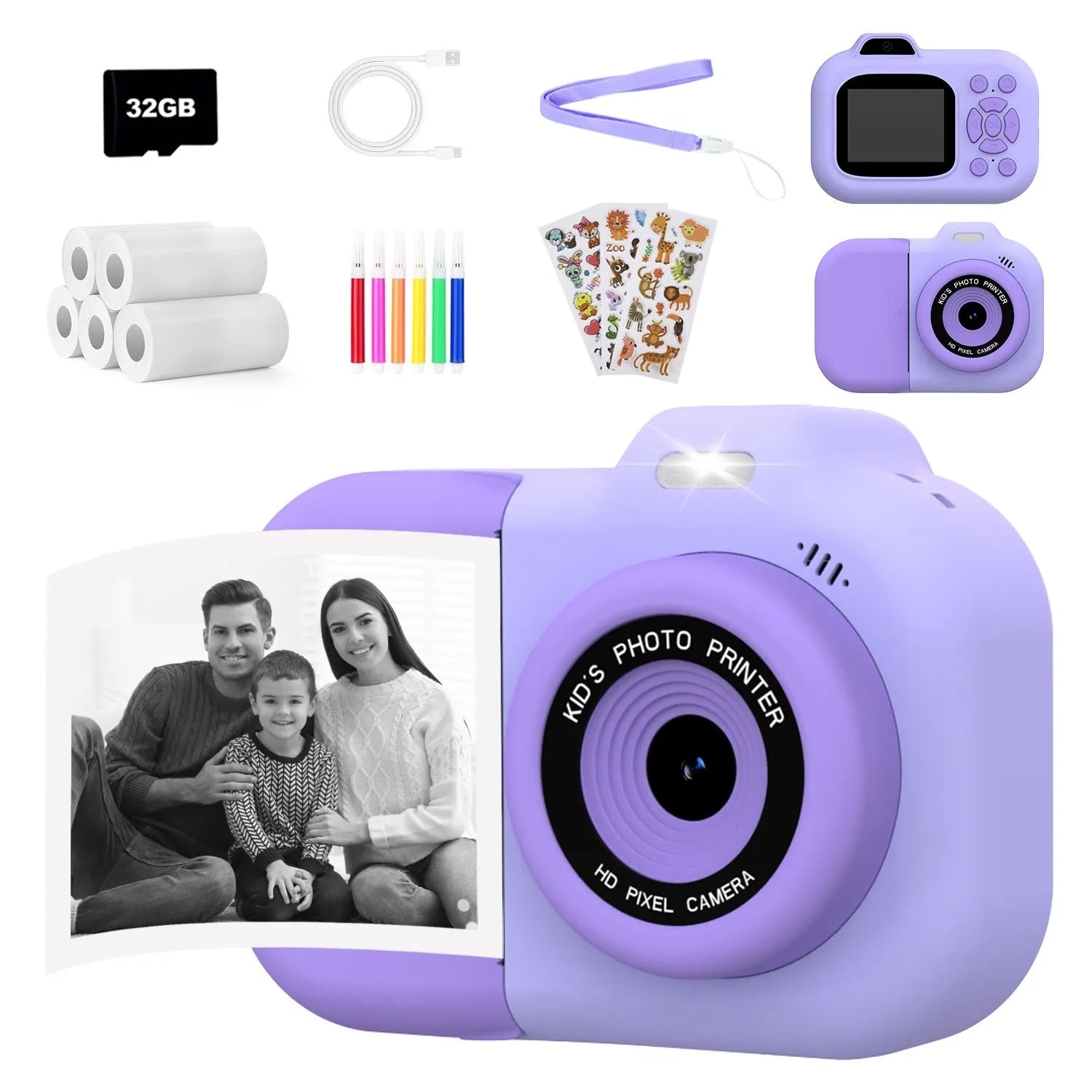 Children's plastic digital camera toy in pink, blue or purple with video recording and games