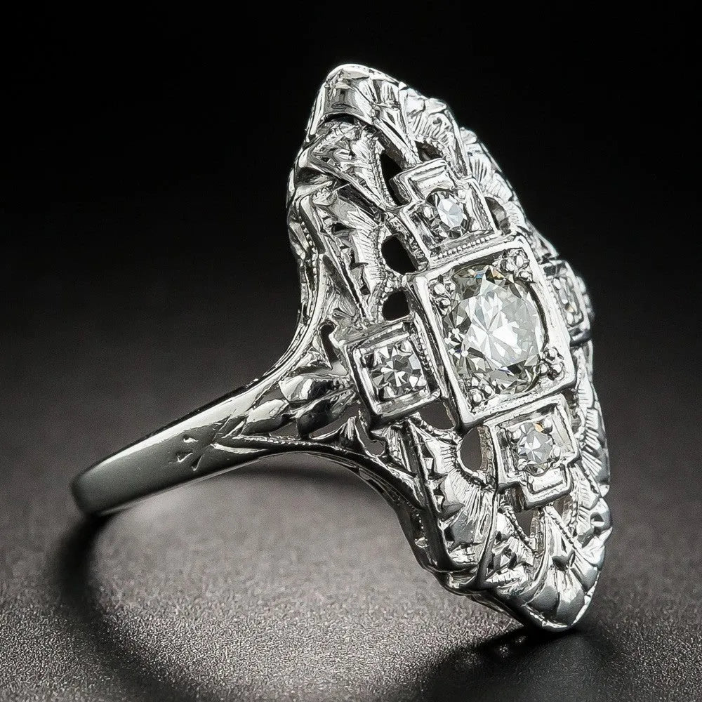 Hollow out geometric silver ring with diamond studs on copper base