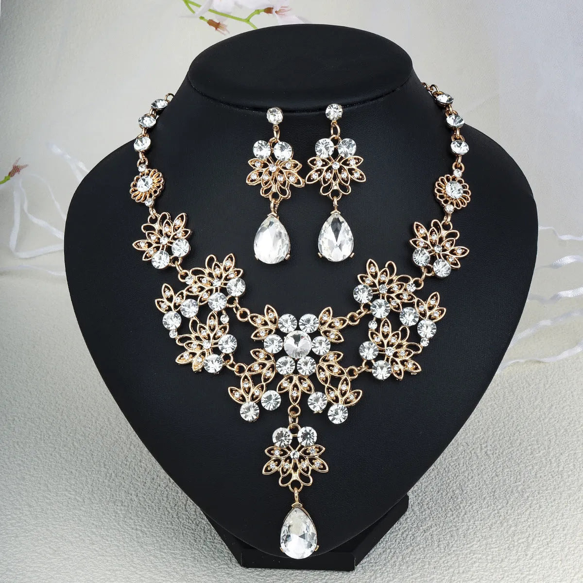 Rhinestone pearl earrings and necklace set for women wedding jewellery in silver gold AB blue green red champagne purple