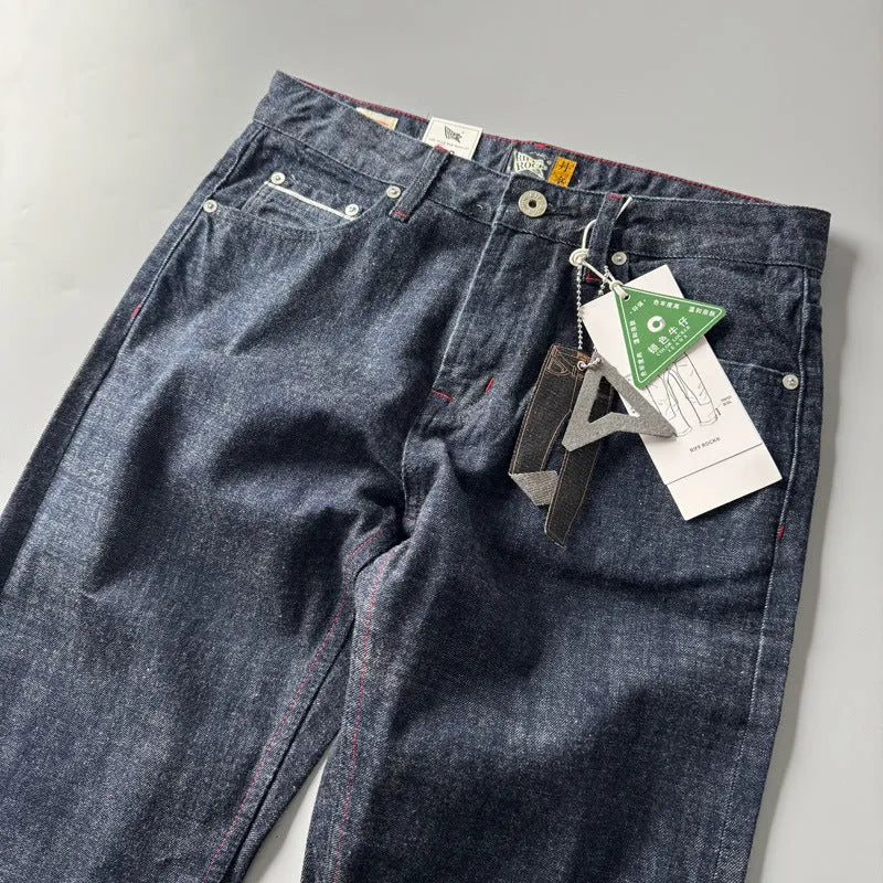 Men's straight leg denim trousers in primary colour with American retro style and mid-waist design