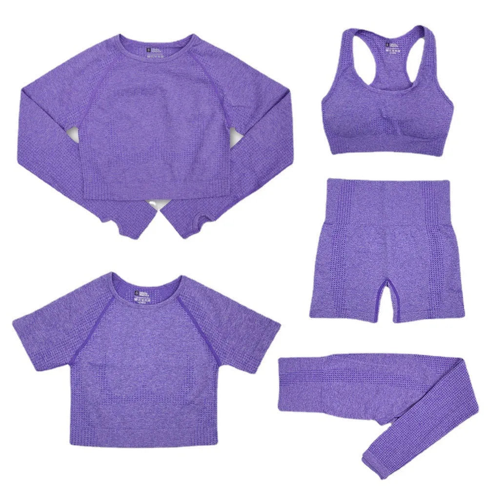 Women's yoga clothes 5-piece set nylon fabric solid colour black
