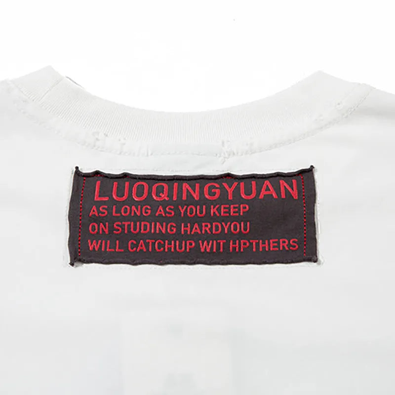 Men's letter affixed cloth embroidered printed short sleeve pure cotton t-shirt in white and black