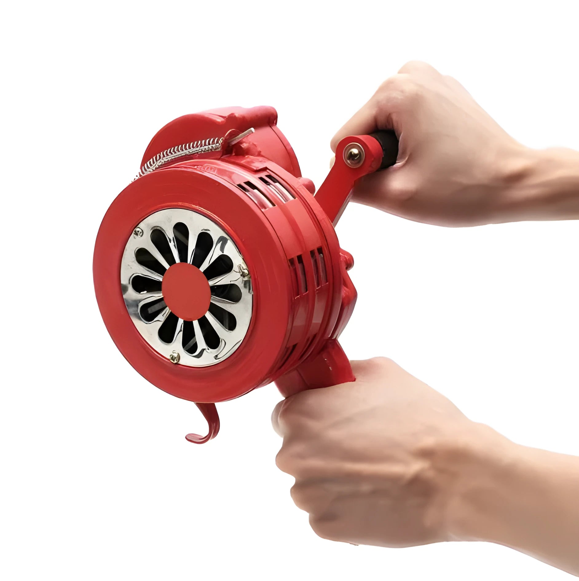 Red manual hand crank air raid alarm siren with aluminium alloy body and folding handle