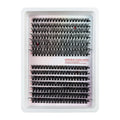 False eyelash storage box with mixed eyelashes inside, showing dimensions of 13.7cm by 13.5cm
