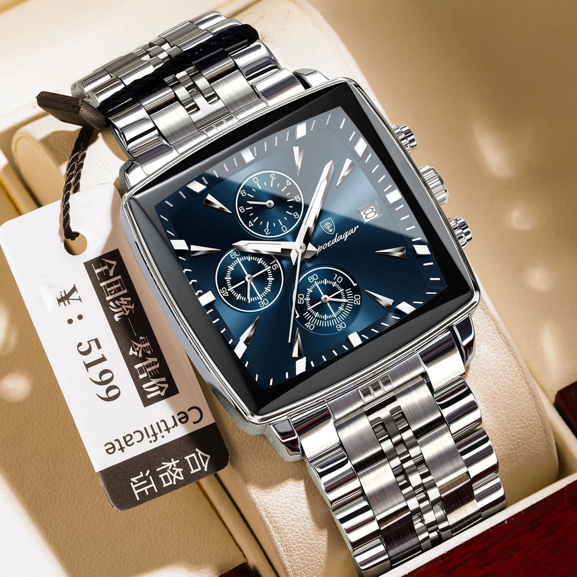 Square men's business watch with stainless steel strap and mineral glass face