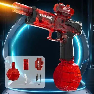 Fire Rat electric water pistol toy with LED lights showing water spray demonstration
