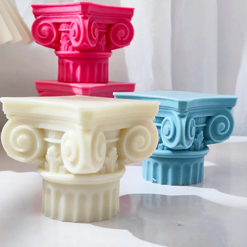 A flexible silicone mould for making irregular Roman pillar shaped candles, cakes, and crafts.