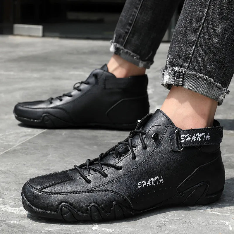 Men's high-top Martin boots in solid colour with frosted finish, flat heel, leather lining, black example