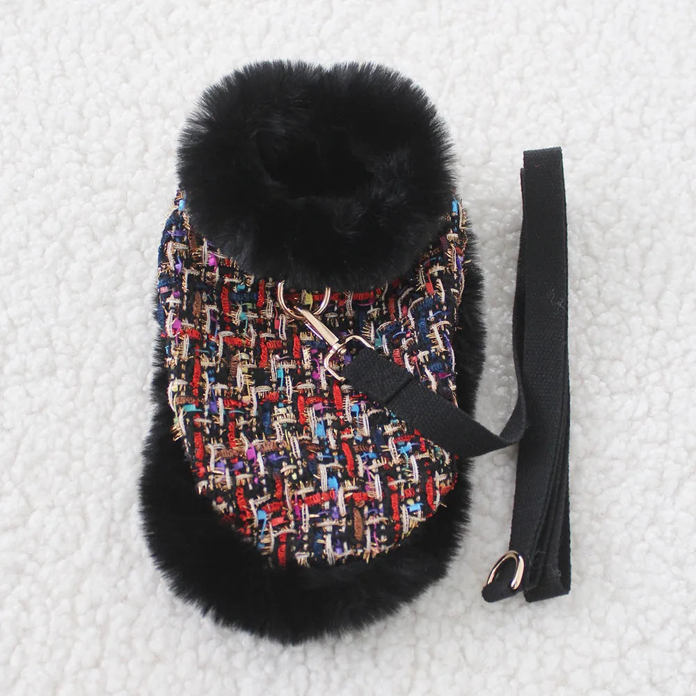 Classic style dog cloak with chest strap and hand holding rope in cloth material