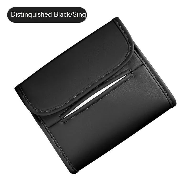 Leather car tissue box holder with elastic band button mounting on car sun visor