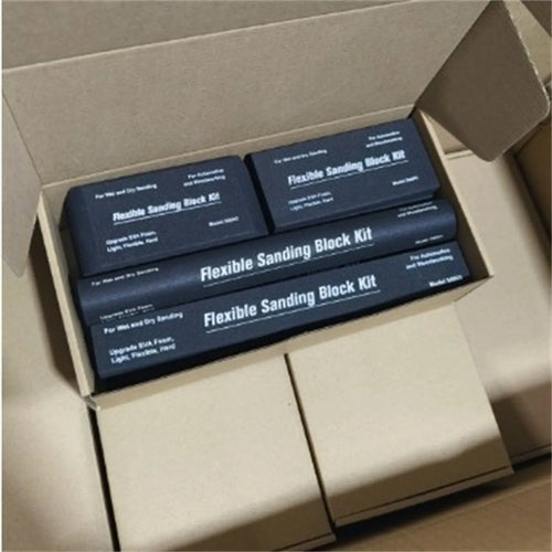 Set of seven black frosted metal EVA display blocks arranged together.