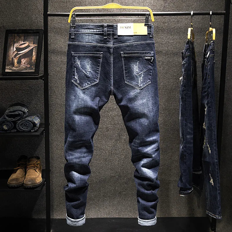 Men's slim fit cotton denim jeans with micro elasticity in dark blue and light blue colour options