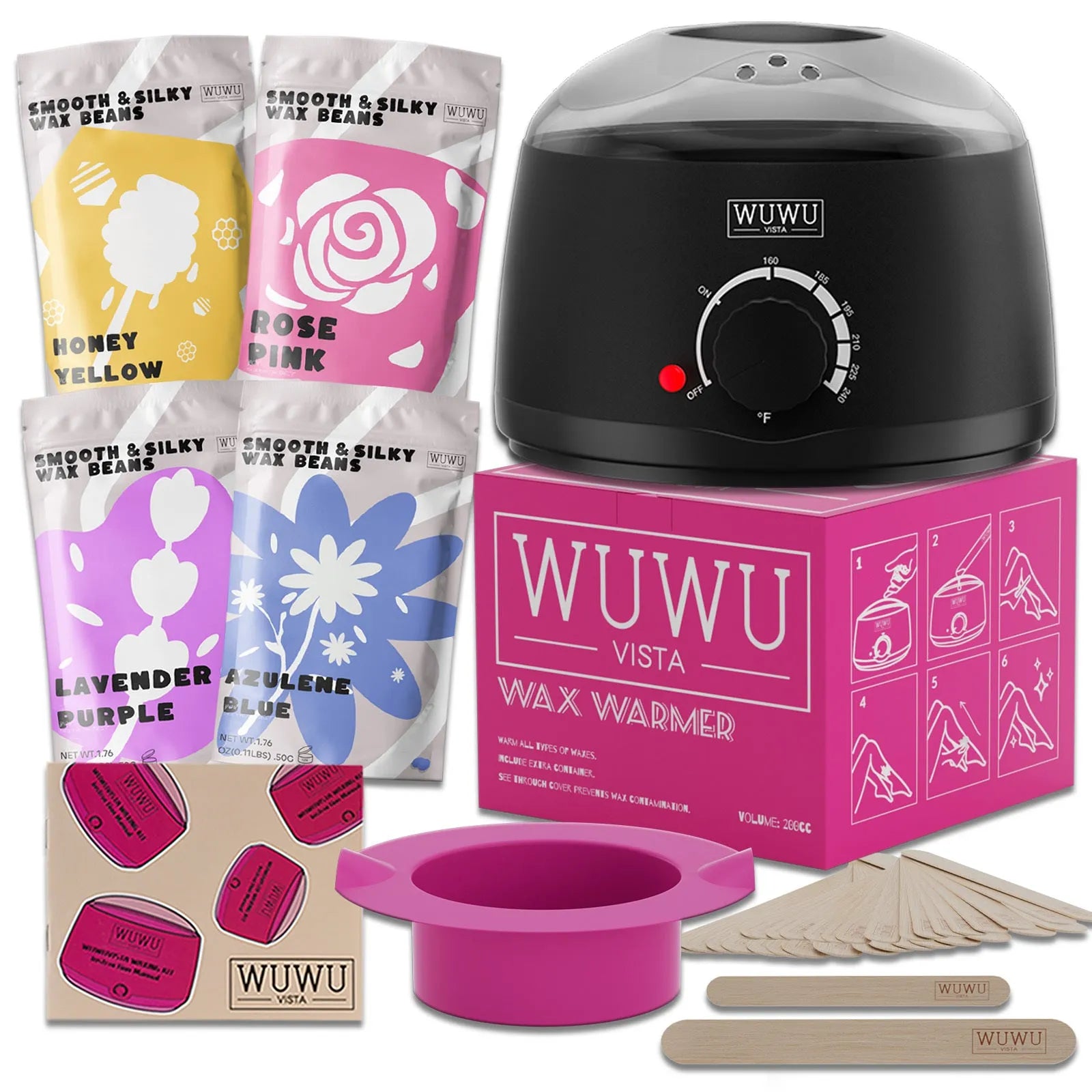 27-piece hair removal wax kit with four coloured wax beads, wax machine, applicator sticks and guidebook for home waxing