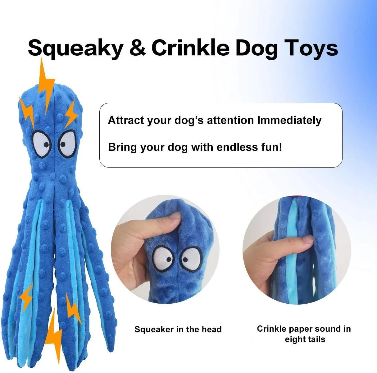 Blue octopus dog squeaky toy with no stuffing measuring 32cm long