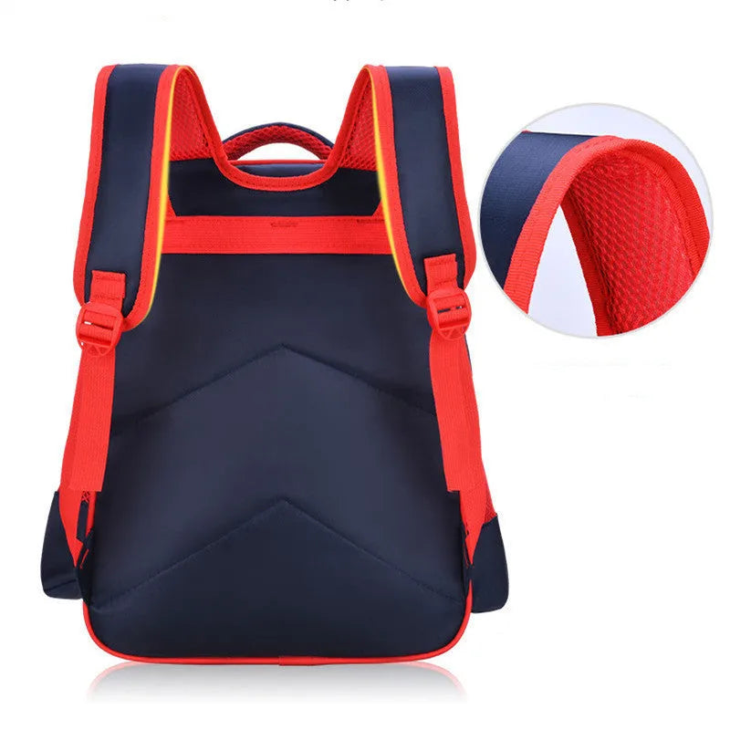 Blue children's school backpack with anime cartoon printing showing front pocket and shoulder straps