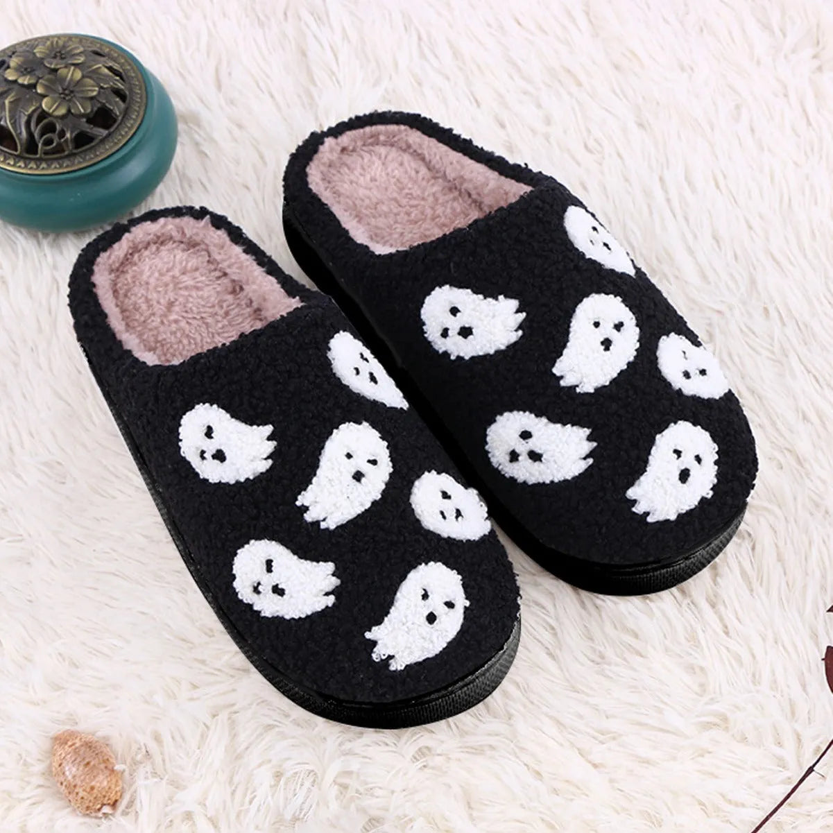 Halloween flat indoor slippers with non-slip sole, artificial plush upper, featuring spider ghost pattern