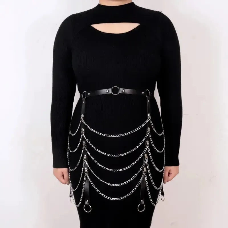 Black PU leather adjustable waist chain with bandage binding for women's festival and clubwear