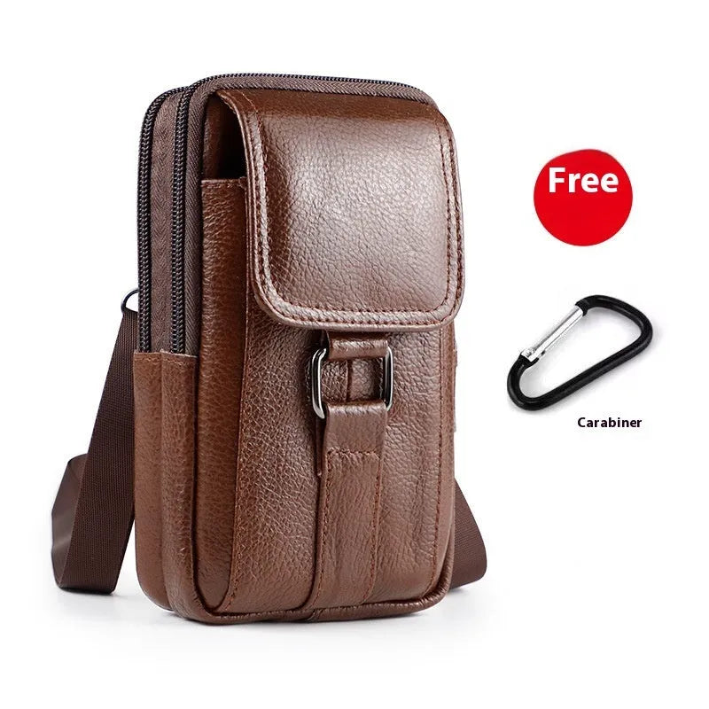 Men's black genuine leather crossbody waist bag with a lock and square vertical shape.