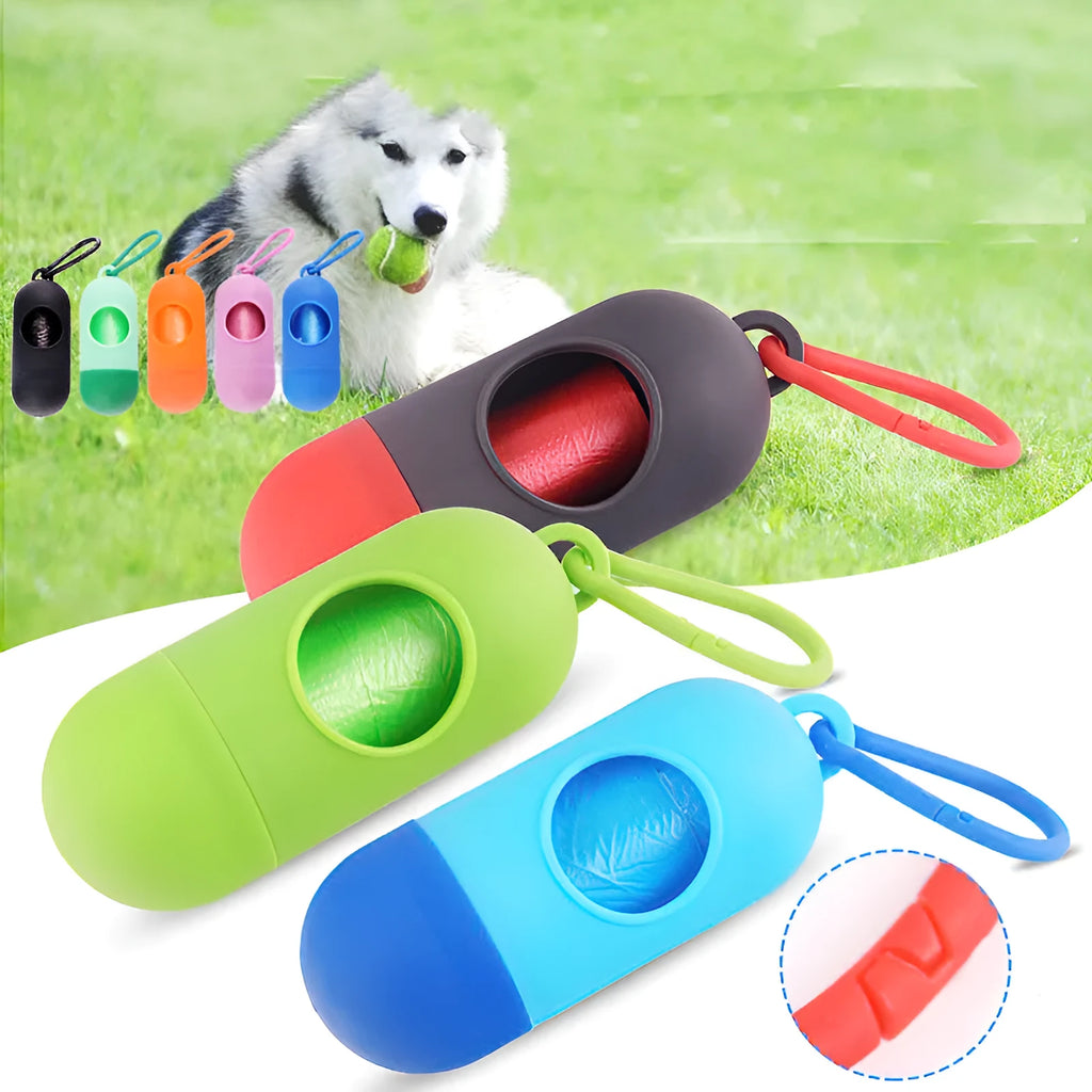 Plastic dog waste bag dispenser holder with a side hook, shown in blue colour