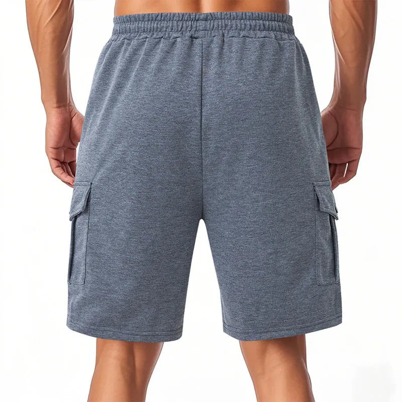 Men's loose-fit heavyweight ring fabric cargo shorts in light grey with multiple pockets.