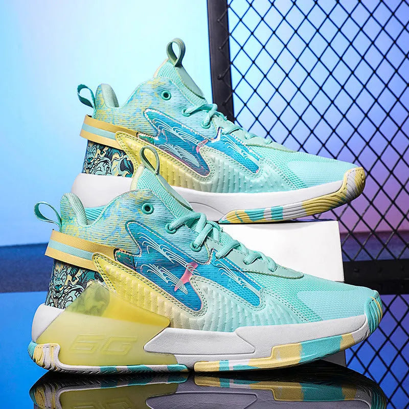 Luminous high-top basketball shoes with graffiti pattern, mesh upper, and rubber outsole available in various colours