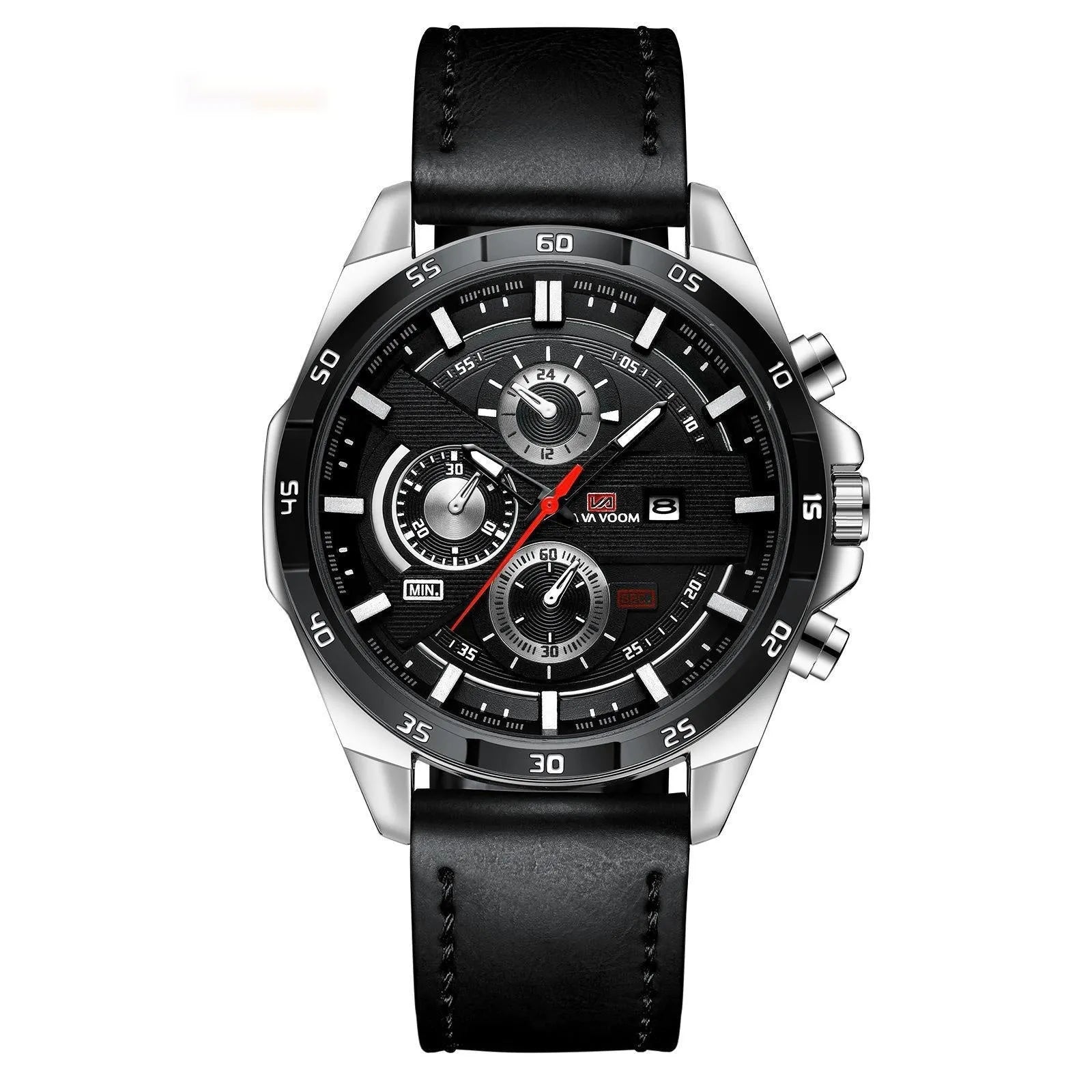 Men's waterproof quartz watch with calendar display and decorative metal casing