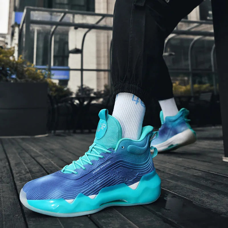 Luminous high-top basketball shoes with graffiti pattern, mesh upper, and rubber outsole available in various colours