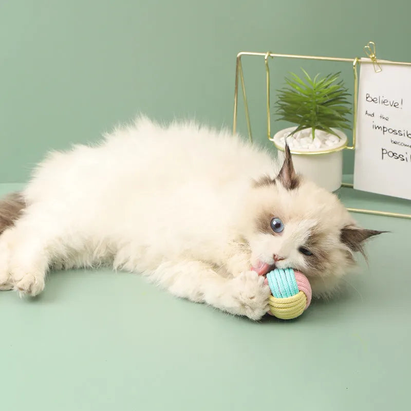 Handmade natural cotton cat plush ball toy for teeth grinding and interactive play