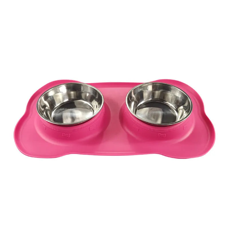 Large silicone dog bowl with stainless steel insert in double bowl configuration for pet feeding