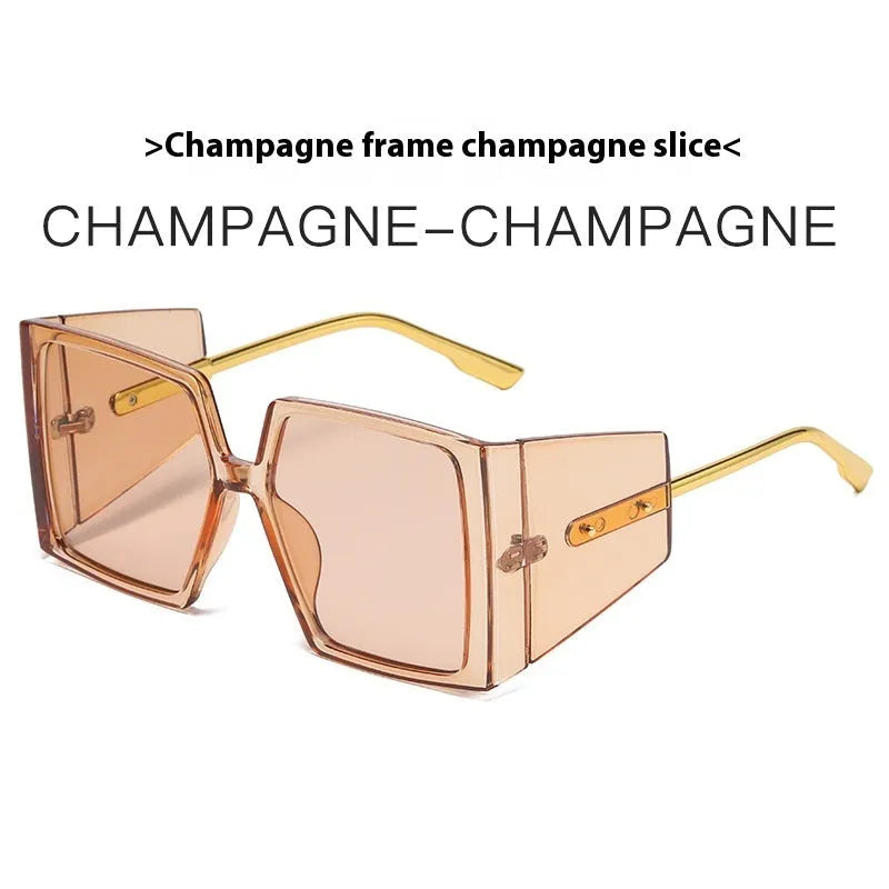 Large square frame sunglasses showing seven colour options: black, blue, champagne, hawksbill, green, orange, and white