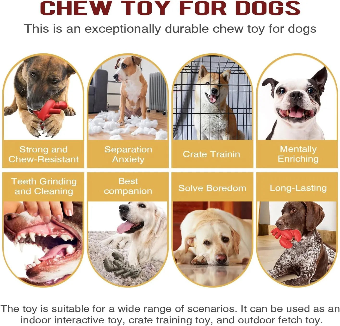 Red durable chew toy for large dogs, shown with dimensions for scale.