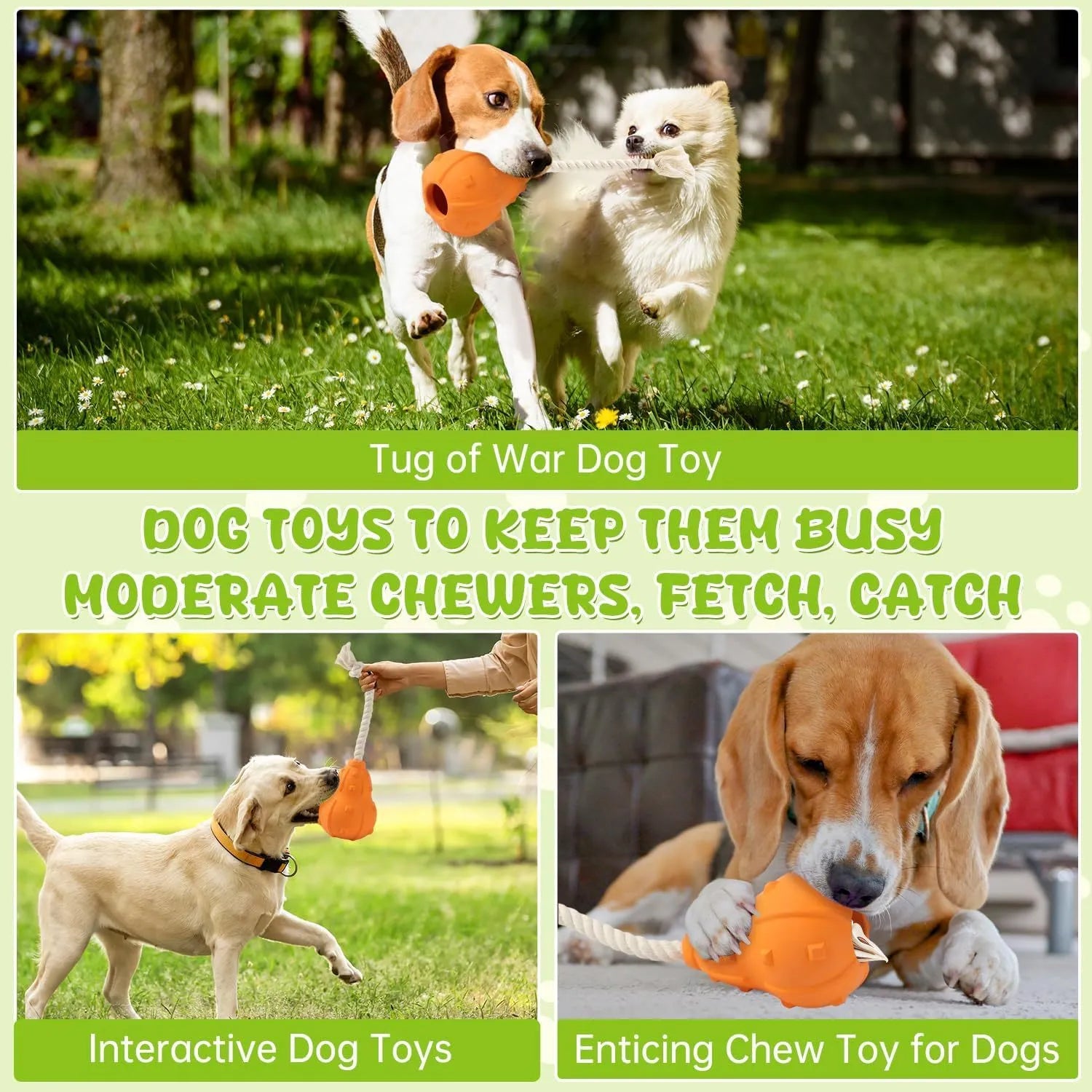Natural rubber stuffable dog toy with longer strap for interactive play