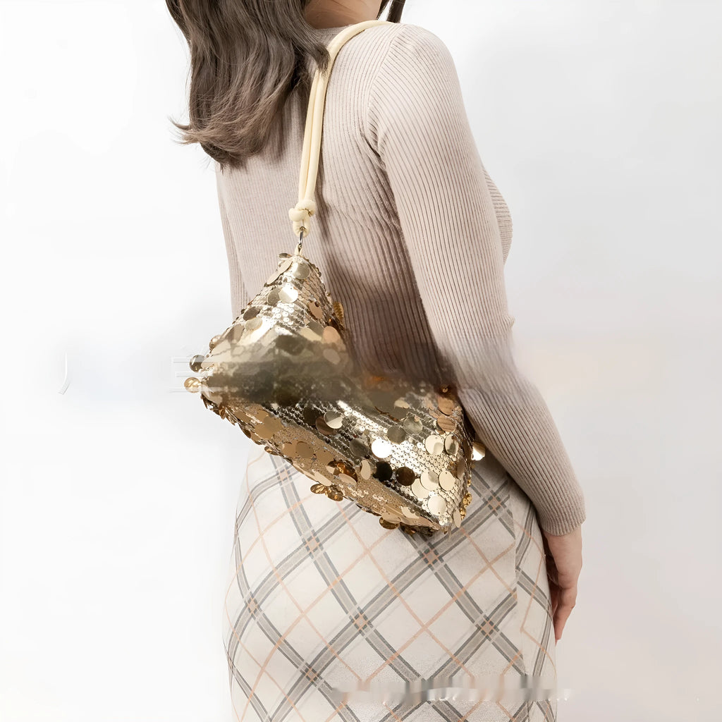 Gold women's shoulder crossbody bag with sandwich pocket design and single strap