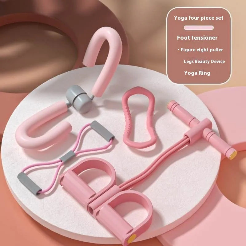 Yoga four piece fitness set showing leg beauty device, yoga ring, pedal tension device and figure eight tension rope