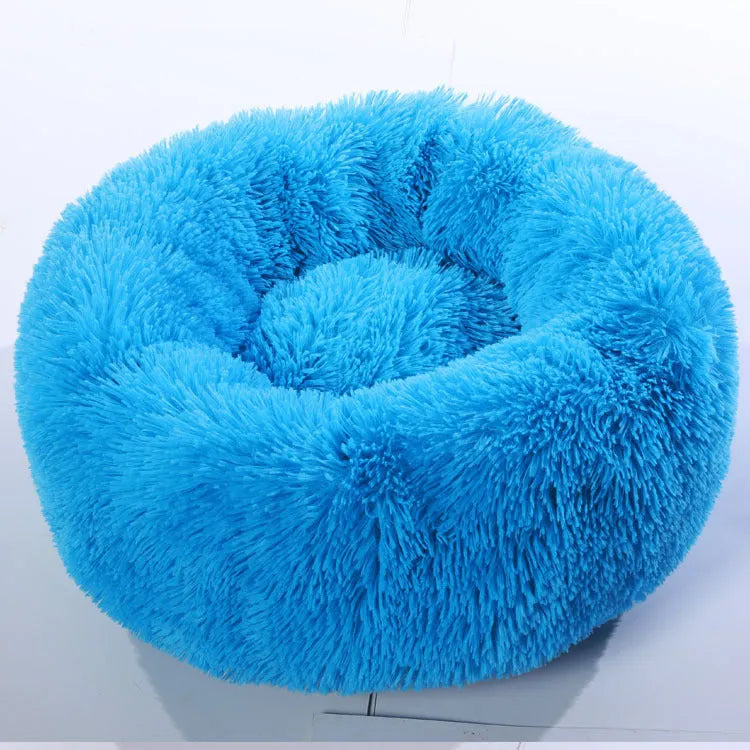Round PV plush pet bed with raised rim in khaki colour for dogs and cats