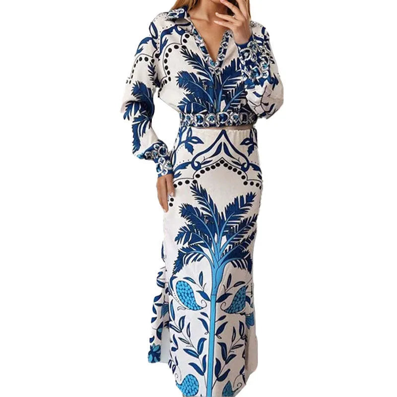 Women's floral casual set with long sleeve top and matching skirt in early spring pattern