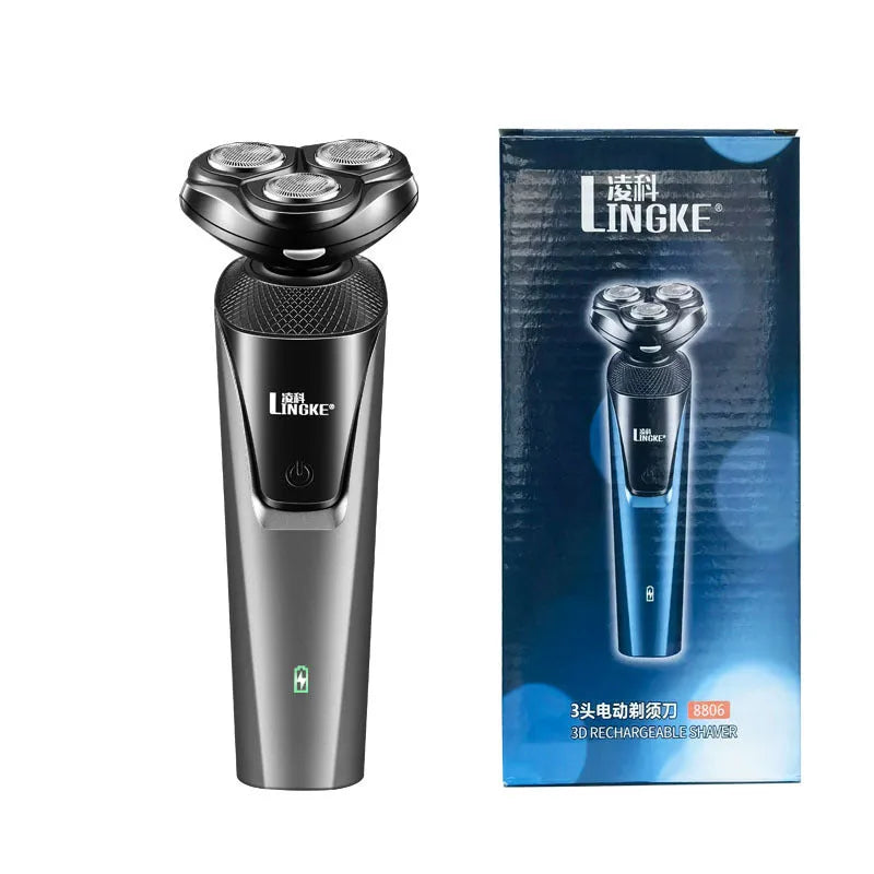 Three-in-one men's electric shaver in blue with USB charging cable