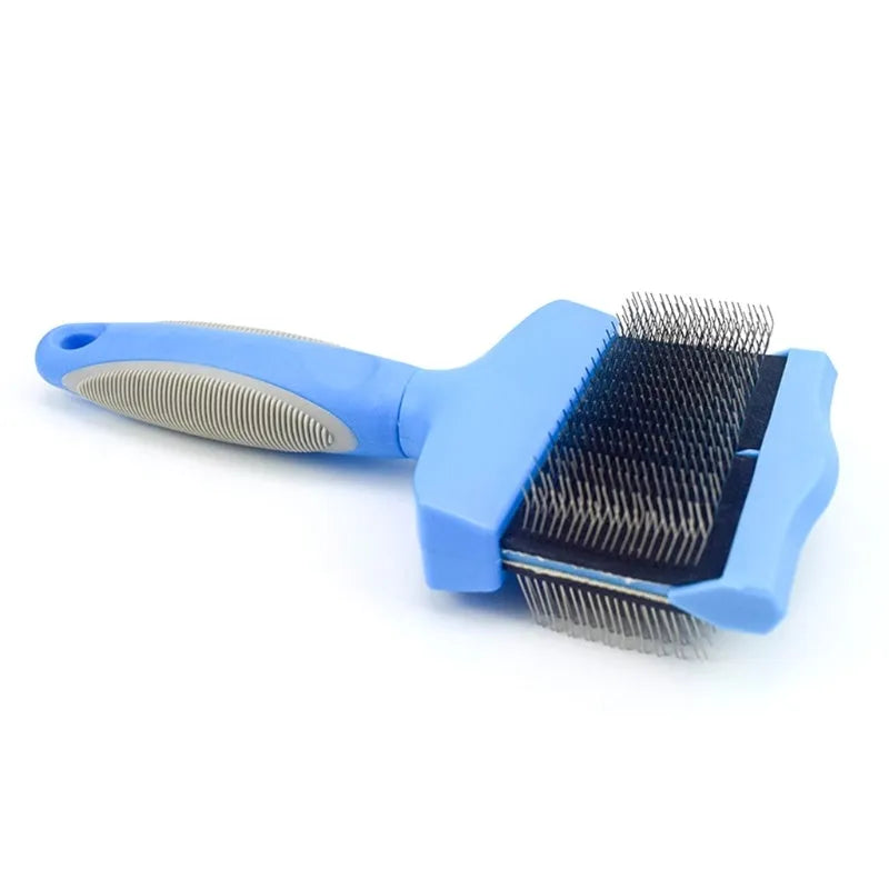Blue double-sided pet brush with stainless steel pins and ergonomic handle on a white background