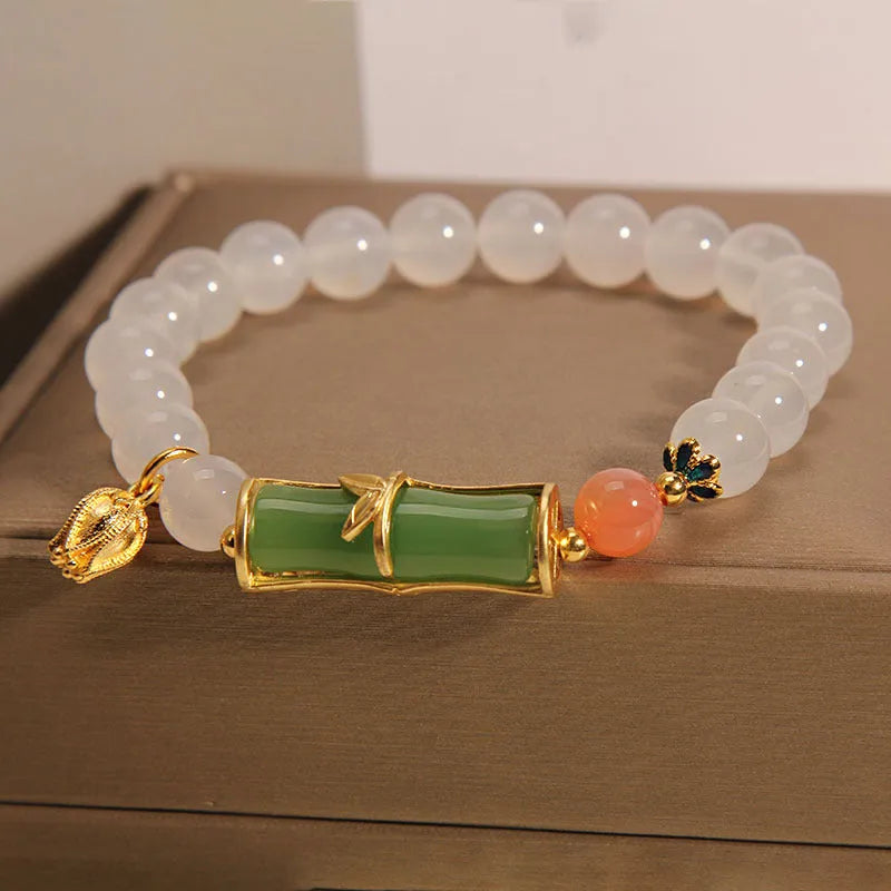 Women's Chinese style bamboo beaded bracelet with white agate and jade components