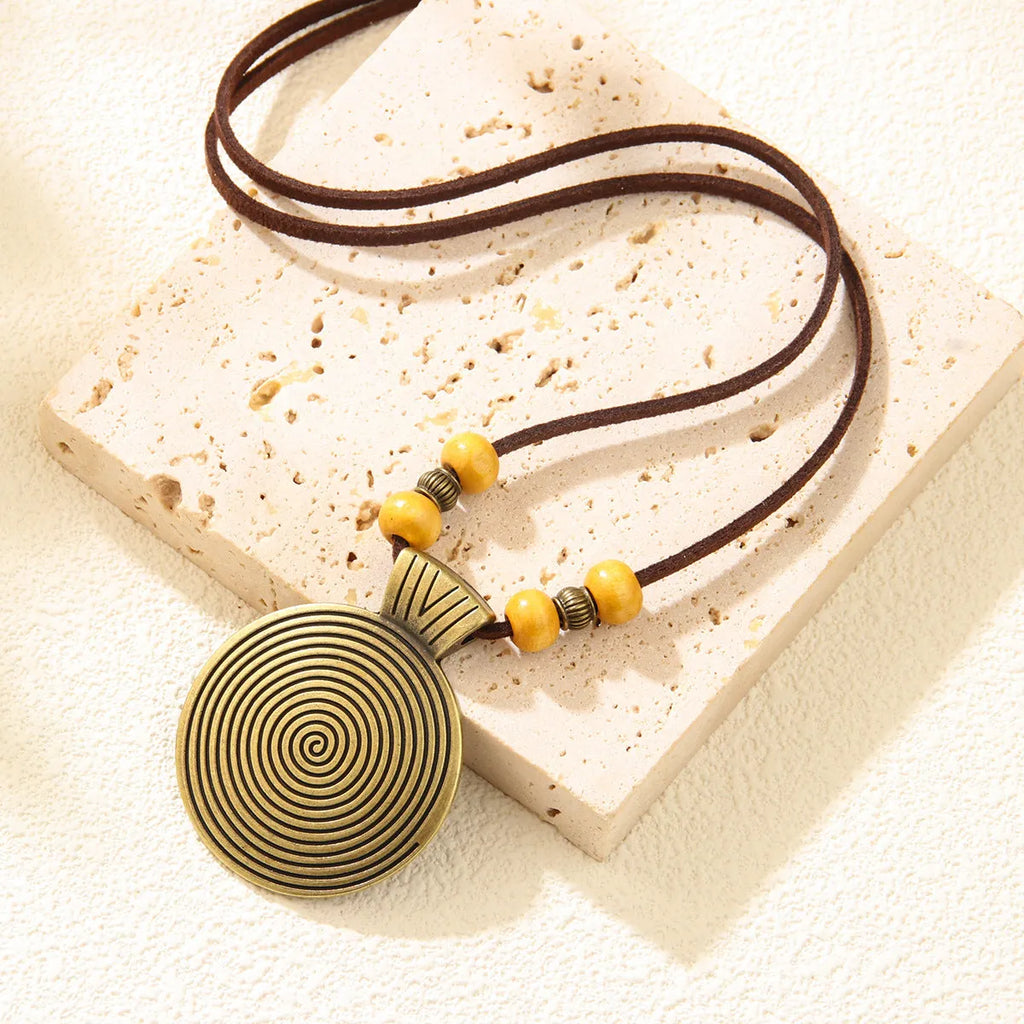 Alloy cowhide string ethnic pendant necklace with geometric auspicious pattern, 20CM drop, unisex Chinese style, bronze coffee beads