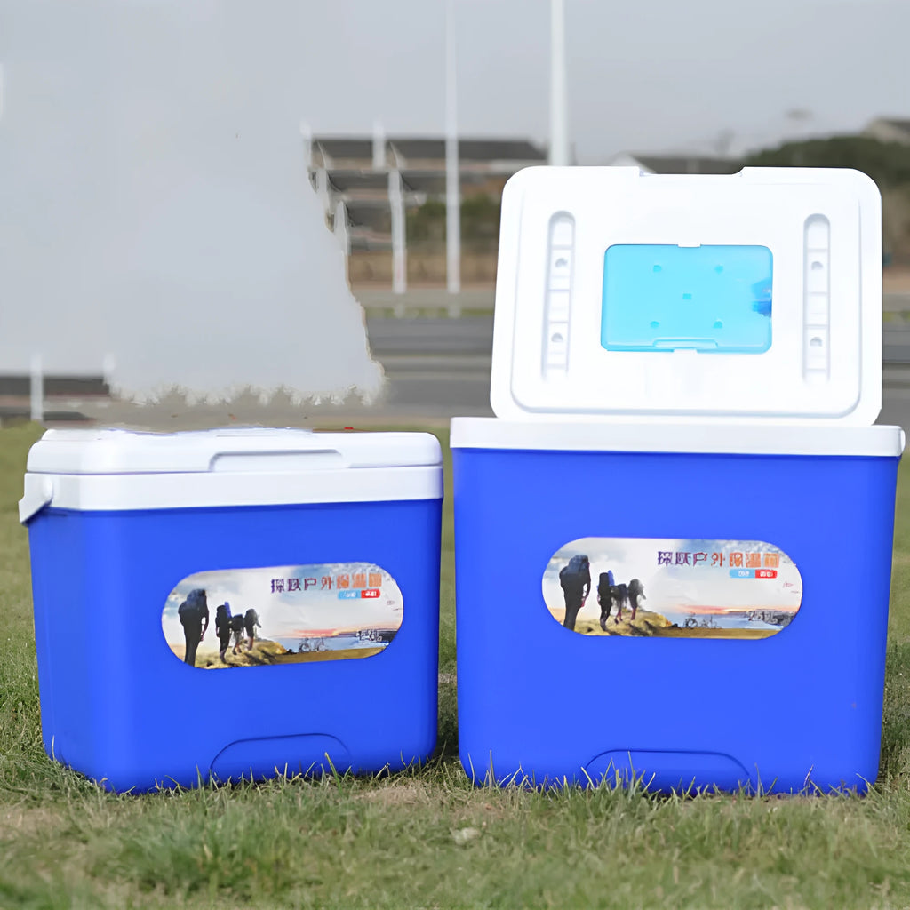 Blue portable insulated cooler box with aluminium foil layer, shown with capacity options from 3.5L to 38L.