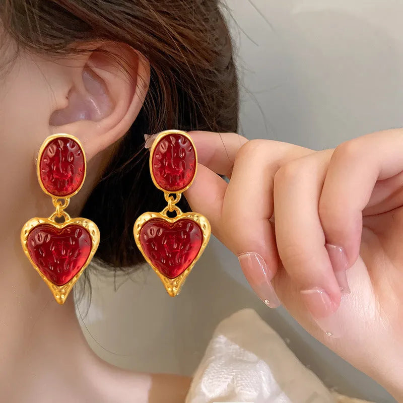 Alloy oval love heart stud earrings with pleated detail in four colour options