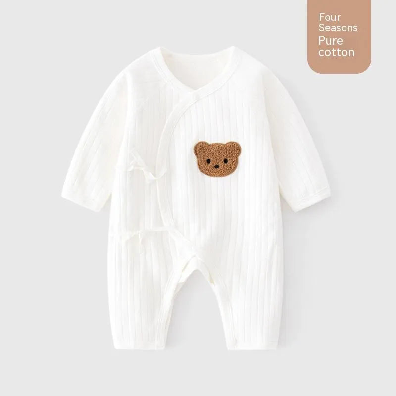 Cotton newborn jumpsuit long sleeve casual baby clothes white jacquard teddy bear strap