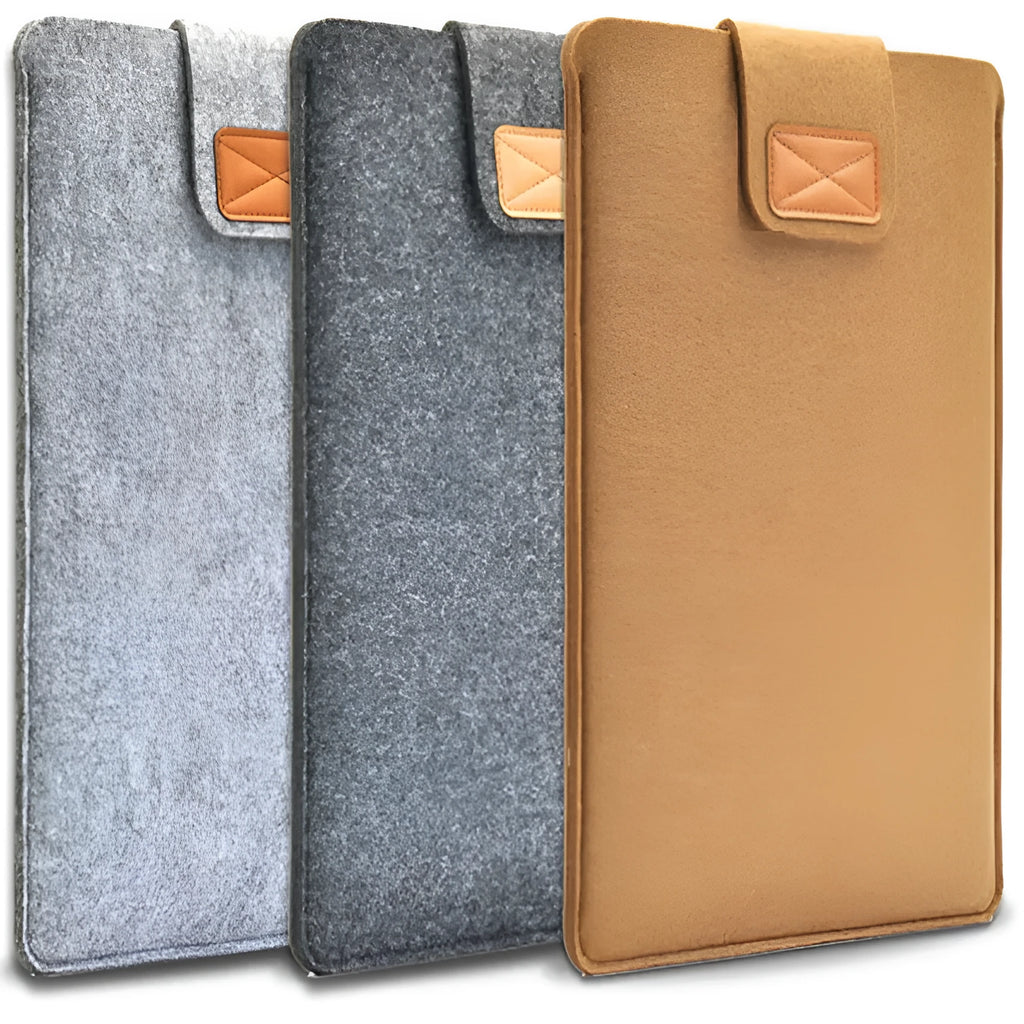 Khaki clamshell laptop bag open to show plush interior and corner protectors for tablet and notebook